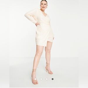 In The Style Plus 18 Exclusive Sequin Drape Detail Asymmetric Mini Dress in Ecru